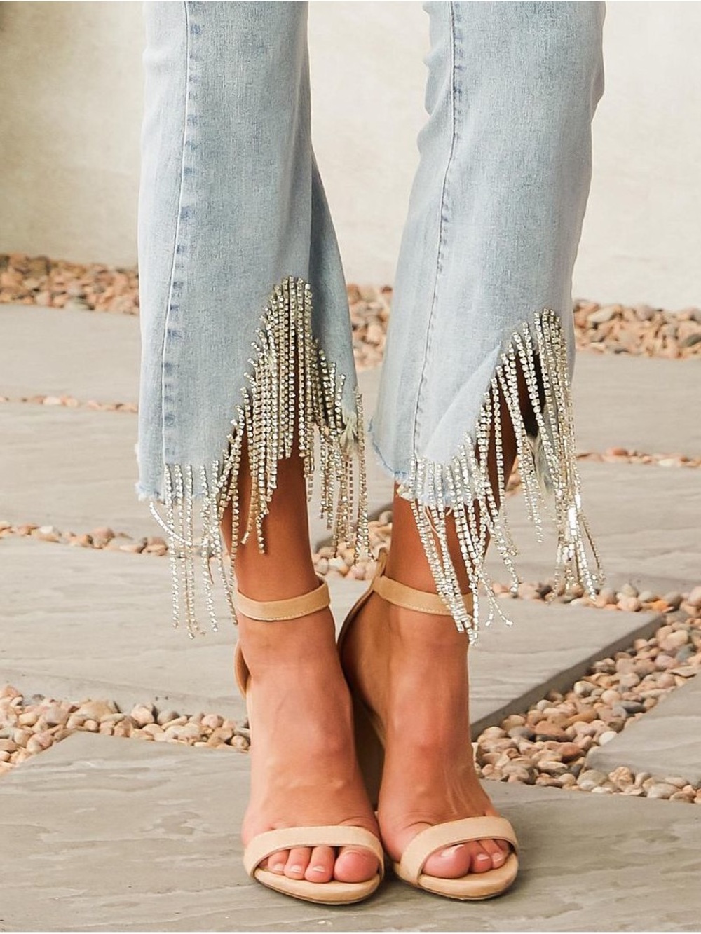 cropped flares with rhinestone fringe trim
